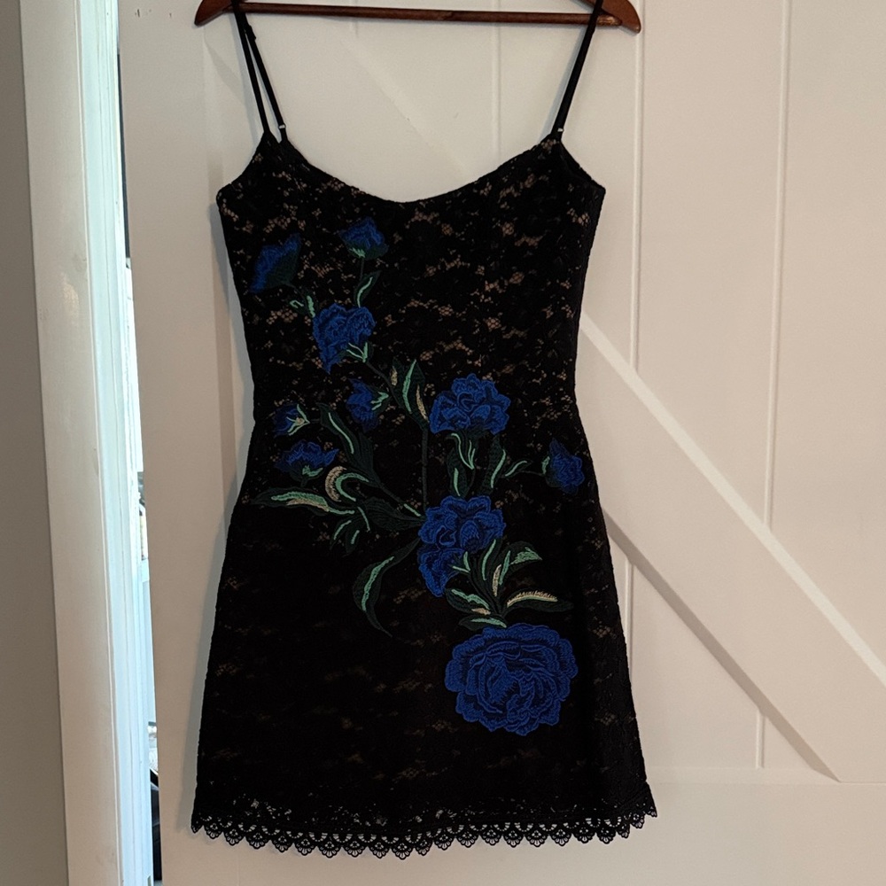 Black Lace Slip Dress with Blue Floral Embroidery - Picture 4 of 5